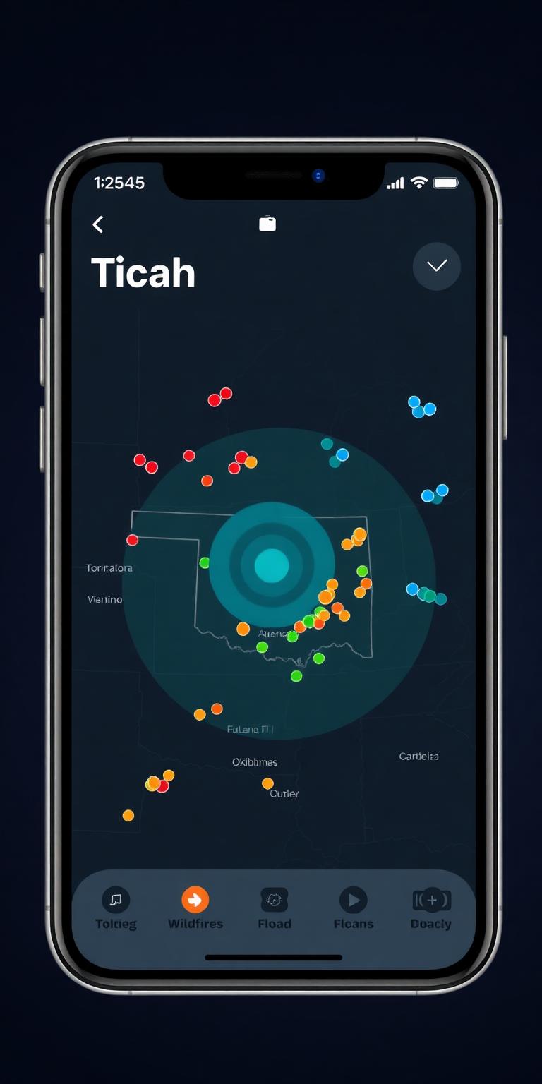Tiah live map with tornado, fire, flood, and air-quality layers